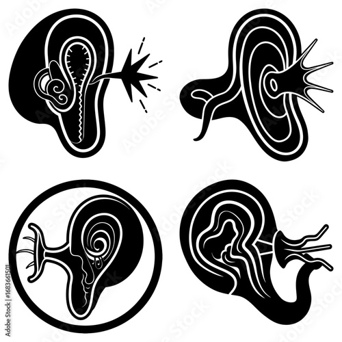 Four stylized black and white illustrations of human ears showcasing different perspectives and designs