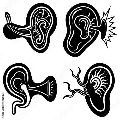 Illustration of four different ear representations showcasing internal and external ear anatomy in black and white