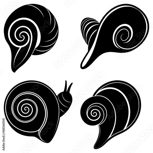 Illustration of four black and white stylized snail shells with spiral patterns and one with antennae