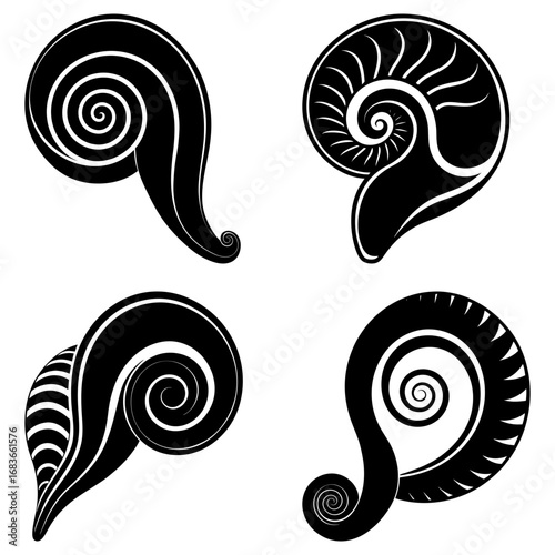 Illustration showing four black and white stylized nautilus shells with spiral designs in different orientations
