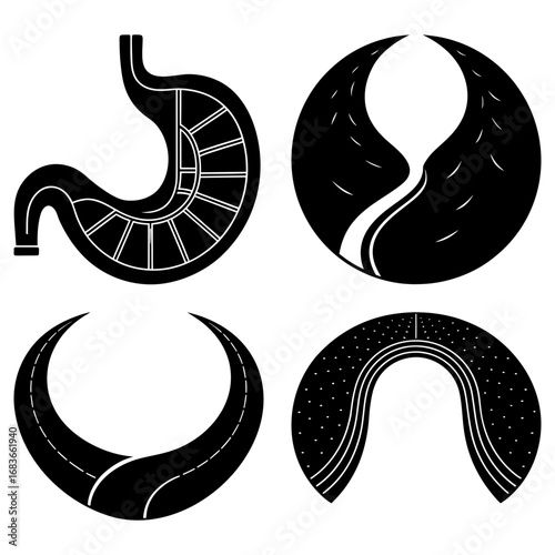 Illustration showing a stomach, a circle with road, a crescent road, and a dotted arch shape image