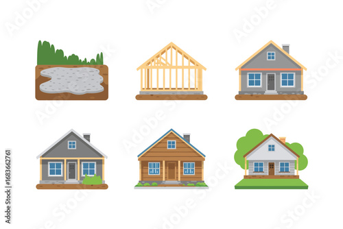 Home construction stages vector illustrations, site excavation foundation framing shell roof finish icons, residential building lifecycle graphics