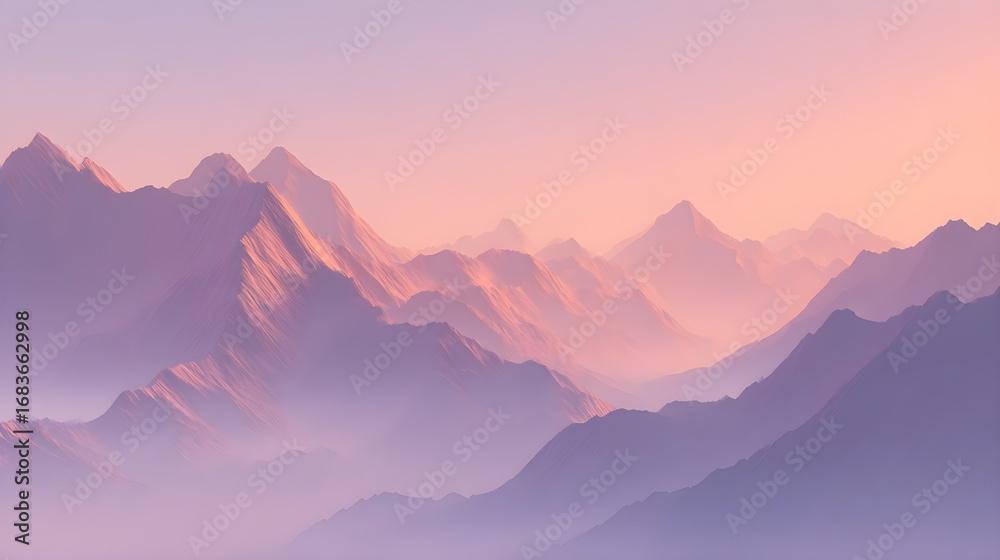Obraz premium Serene pastel mountain range at dawn, soft light, minimalist landscape, peaceful nature scene, atmospheric perspective