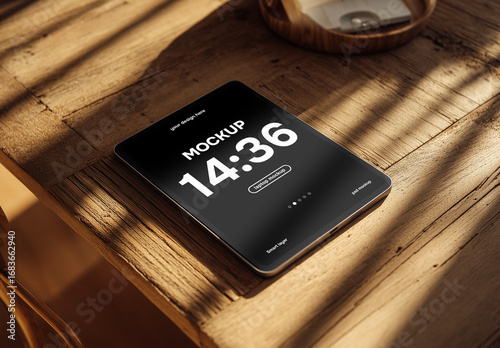 iPad on wooden table mockup
