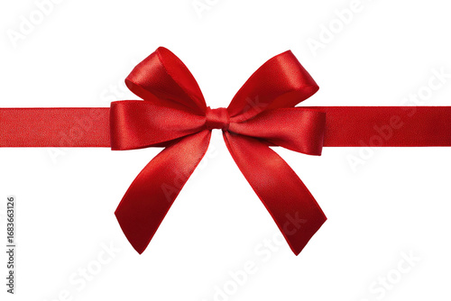 Red satin ribbon bow, centered on a horizontal ribbon