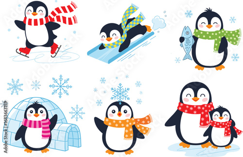 Cute cartoon penguins playing in winter, wearing scarves, skating, sliding on ice, with snowflakes, igloo, and frozen landscape, flat vector illustration