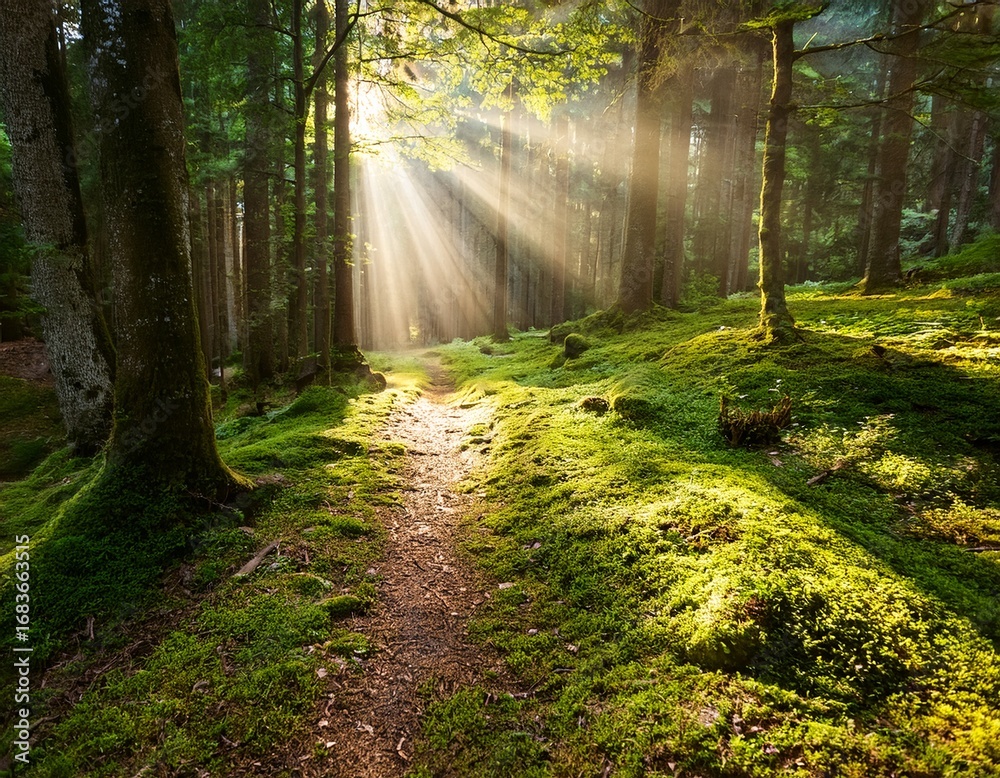 Fototapeta premium sunbeams illuminating a forest path and mossy ground