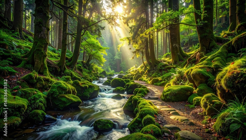 Obraz premium Sunbeams pierce a lush forest path winding beside a moss-covered stream