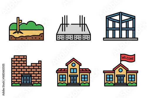 Architecture building icons vector set, apartment school factory shop storefront landmark office house graphics, urban planning design elements