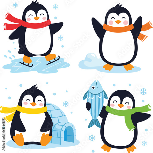 Cute penguins in winter scene, wearing colorful scarves, ice skating, holding fish, sitting near igloo, snowflakes falling, cartoon animal illustration