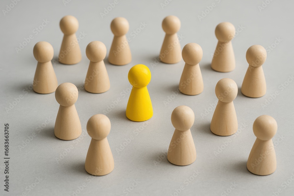 Obraz premium A group of wooden figures surrounds a single yellow figure, symbolizing uniqueness and individuality amidst conformity.
