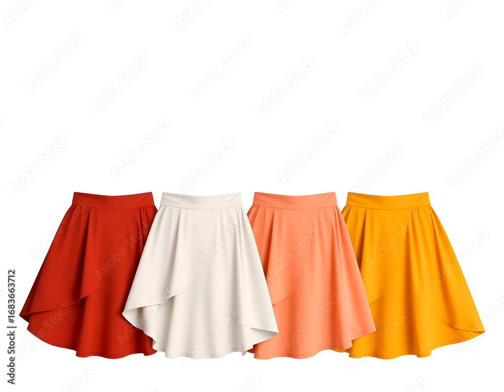 Collection of colorful flared skirts in various shades Collection of colorful flared skirts in various shades