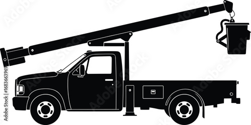 Silhouette vector illustration of bucket truck with extended hydraulic boom lift, utility service vehicle, construction maintenance equipment, black and white technical drawing.