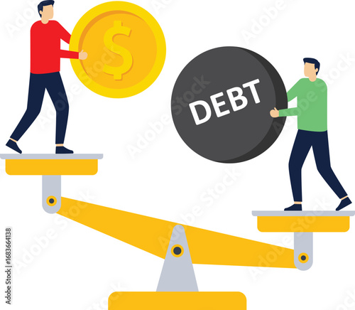 Businessman on a seesaw holding a debt money bag weighs more than a businessman holding an income money bag.


