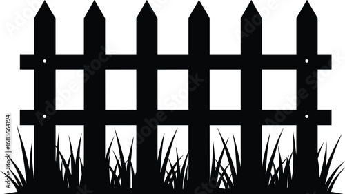 Silhouette vector illustration of wooden picket fence with sharp tops, grass at the bottom, garden boundary design, black isolated artwork.