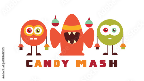 Cute candy monsters mash banner advertisement isolated on white background