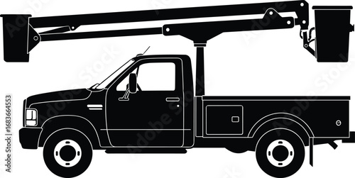 Vector silhouette illustration of utility bucket truck with hydraulic boom lift, service vehicle design, construction, maintenance equipment, black and white outline art.