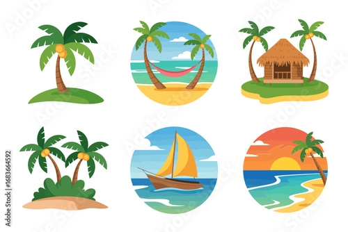 Tropical island vector icons, beach palm tree illustrations, exotic resort huts, summer paradise vacation design, coastal scenery elements set