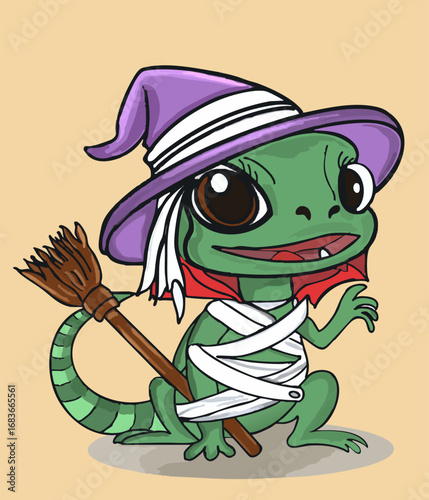 Cute Kawaii Lizard in Halloween Witch Costume with Broomstick