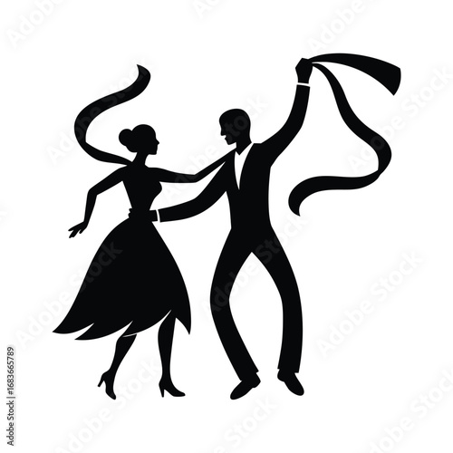 Dancing couple with streamers silhouette isolated on white background