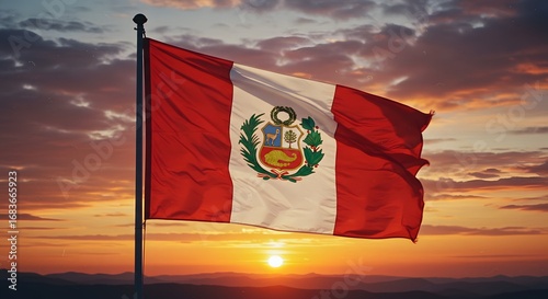 A majestic display of the Peruvian flag set against a breathtaking sunset, embodying national pride and freedom