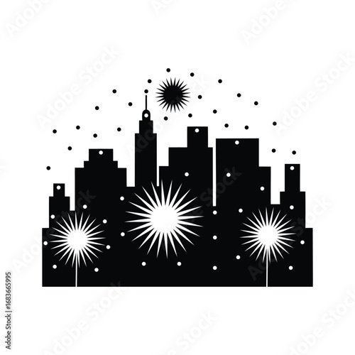Festive city skyline with sparklers silhouette isolated on white background