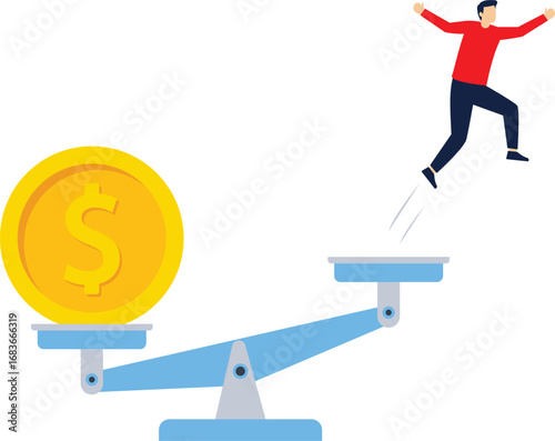 Businessmen jumping on seesaw and money . Career progression and investment, idea. Business startup concept.