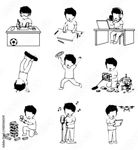 Black and White Illustrations of a Boy's Hobbies