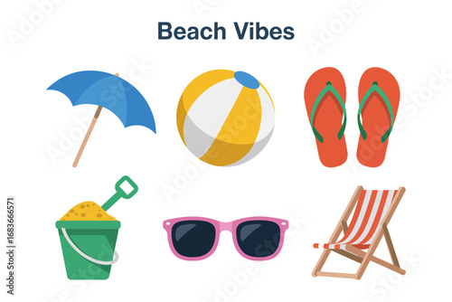 Beach vibes vector illustrations, summer holiday icons, umbrella, ball, chair, sunglasses, sandals, seaside vacation design set, tropical graphics,