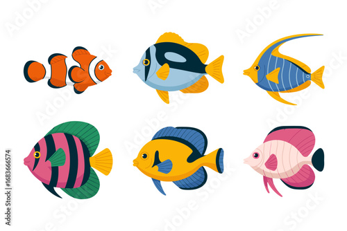 Aquarium tropical fish vector icons, colorful underwater illustrations, coral reef species, exotic marine animals, ocean wildlife design set,