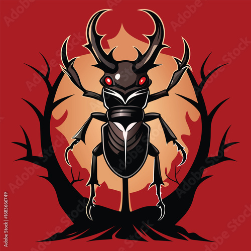 Illustration of a demonic stag beetle with glowing red eyes against a fiery moon and spooky trees.