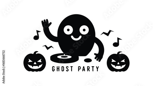 Cartoon ghost dj spinning records isolated on white background