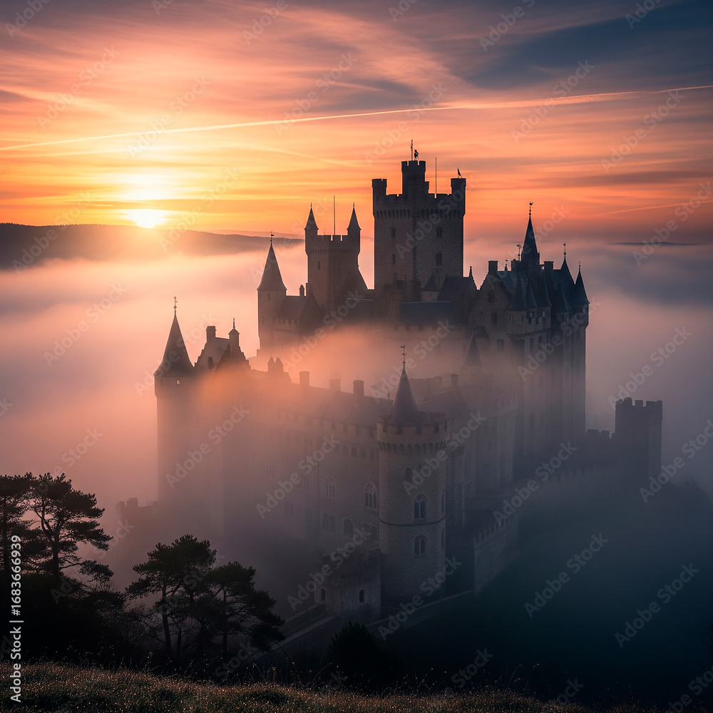 Fototapeta premium Grand Castle Overlooking a Misty Valley