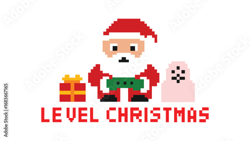 Pixel art santa claus holding a video game controller isolated on white background