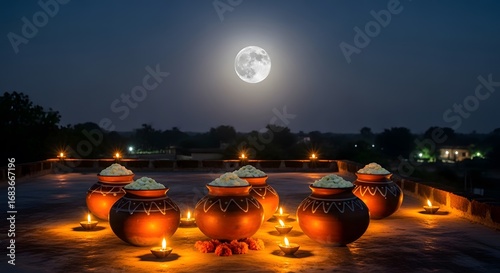 Sharad Purnima Night: Full Moon, Traditional Clay Pots, Diyas & Offerings. AI Generated 