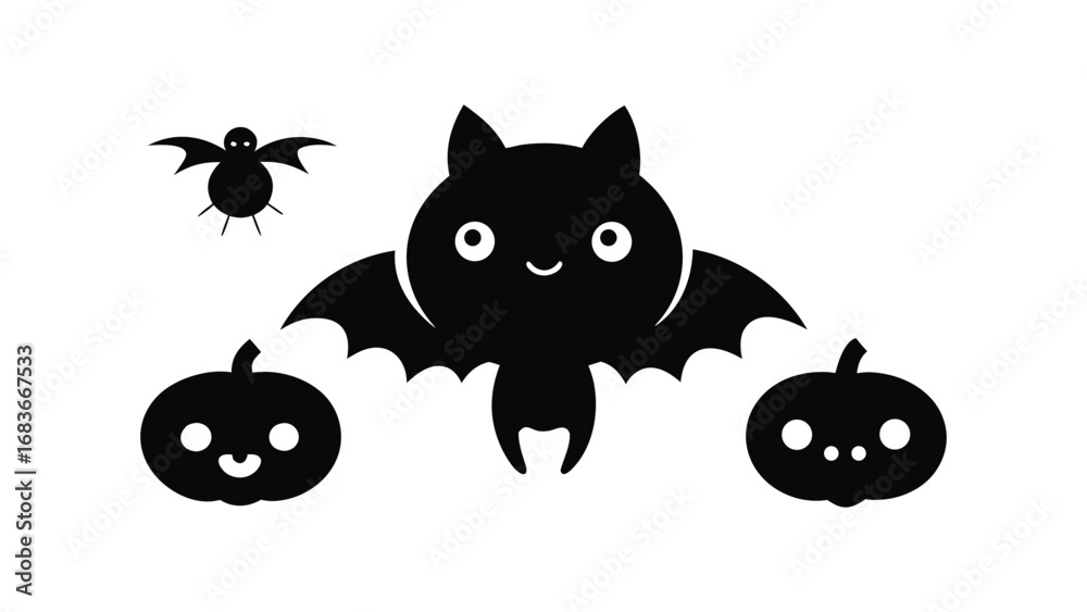 Fototapeta premium Cute silhouette bats pumpkins and spiders isolated on white background