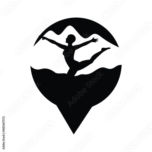 Silhouette of a gymnast leaping with abstract elements isolated on white background