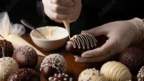 Decorating Chocolate Easter Eggs on Wooden Surface with White Gloves, Rich Dark Brown Colors, Holiday Sweetness and Artisan Craftsmanship