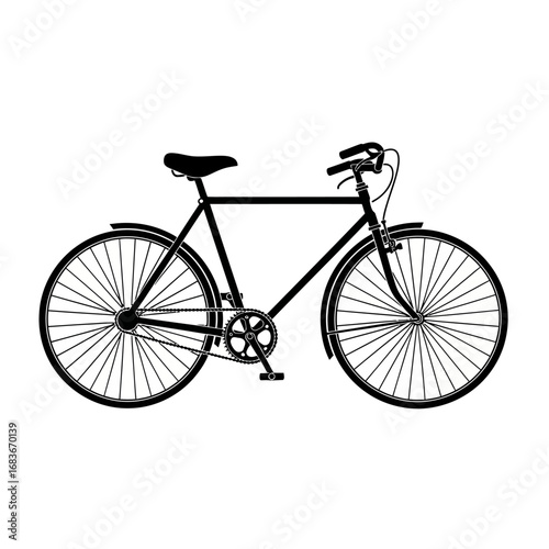 Side view of a classic black commuter bicycle with fenders, isolated on a plain white background.