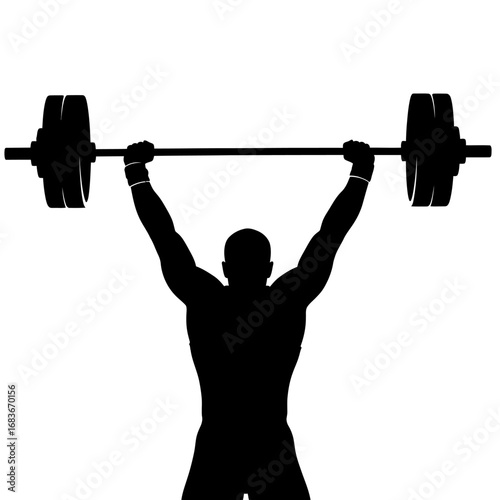 Silhouette of a muscular man lifting a heavy barbell overhead, showcasing strength and determination in a fitness context.