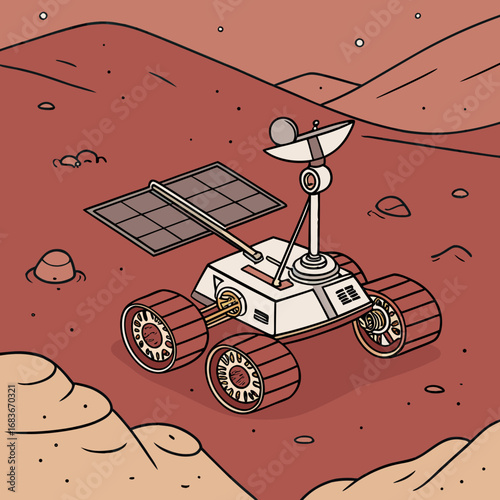 Cartoon mars rover with solar panels and satellite dish exploring a barren red planet landscape