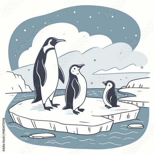 Charming illustration of a family of three penguins standing on an ice floe in the ocean