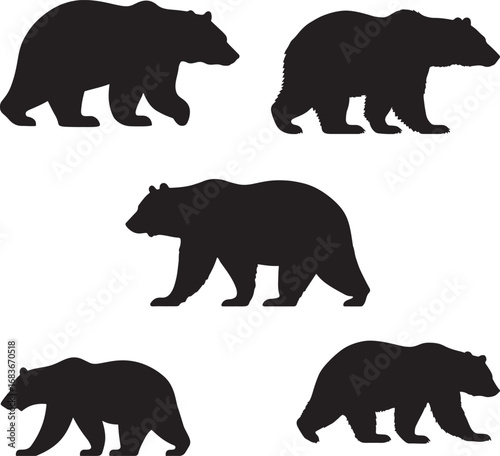 Five silhouette black bears walking and standing in various poses for wildlife design