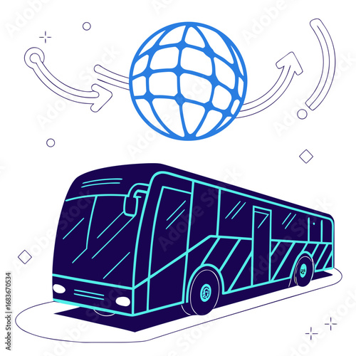 Modern bus traveling around the world with global connectivity and transportation routes