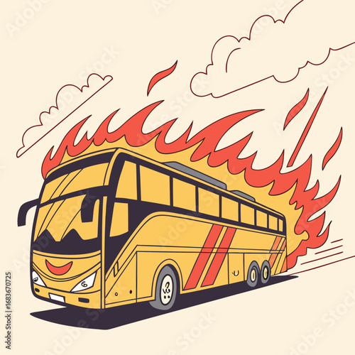 Stylized illustration of a yellow tour bus engulfed in flames with stylized clouds in the background