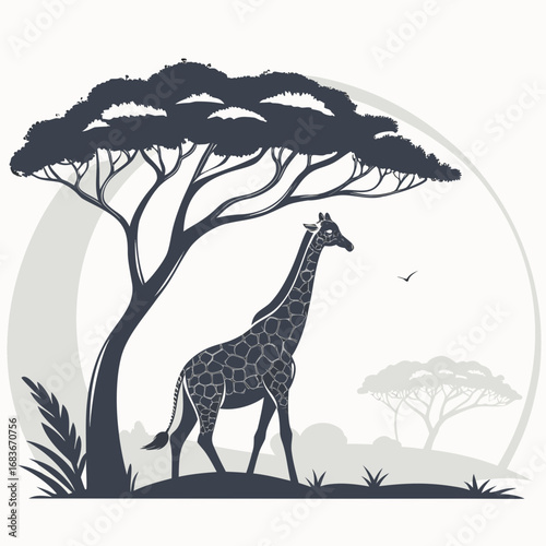 Stylized silhouette of a giraffe standing under an acacia tree in the african savannah