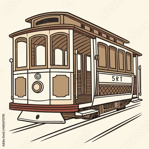 Vintage illustration of a classic san francisco cable car traveling on tracks with a simple background