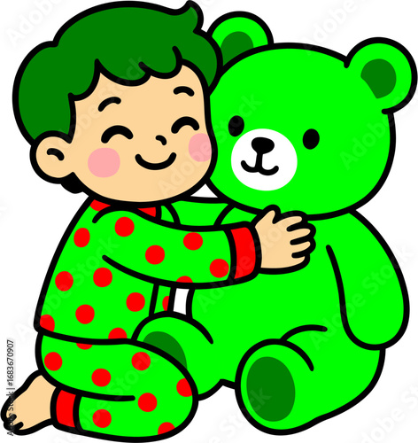 Cute cartoon boy in pajamas hugging big teddy bear happy child bedtime illustration for kids clipart nursery designs and childhood comfort concepts