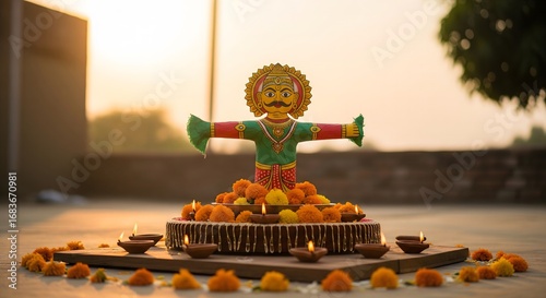 Vibrant Dasara Celebration with Traditional Effigy, Marigolds & Glowing Diyas at Sunset. AI Generated 