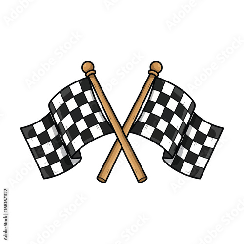 Two crossed black and white checkered racing flags, a symbol of motorsport competition, victory and the finish line vector illustration